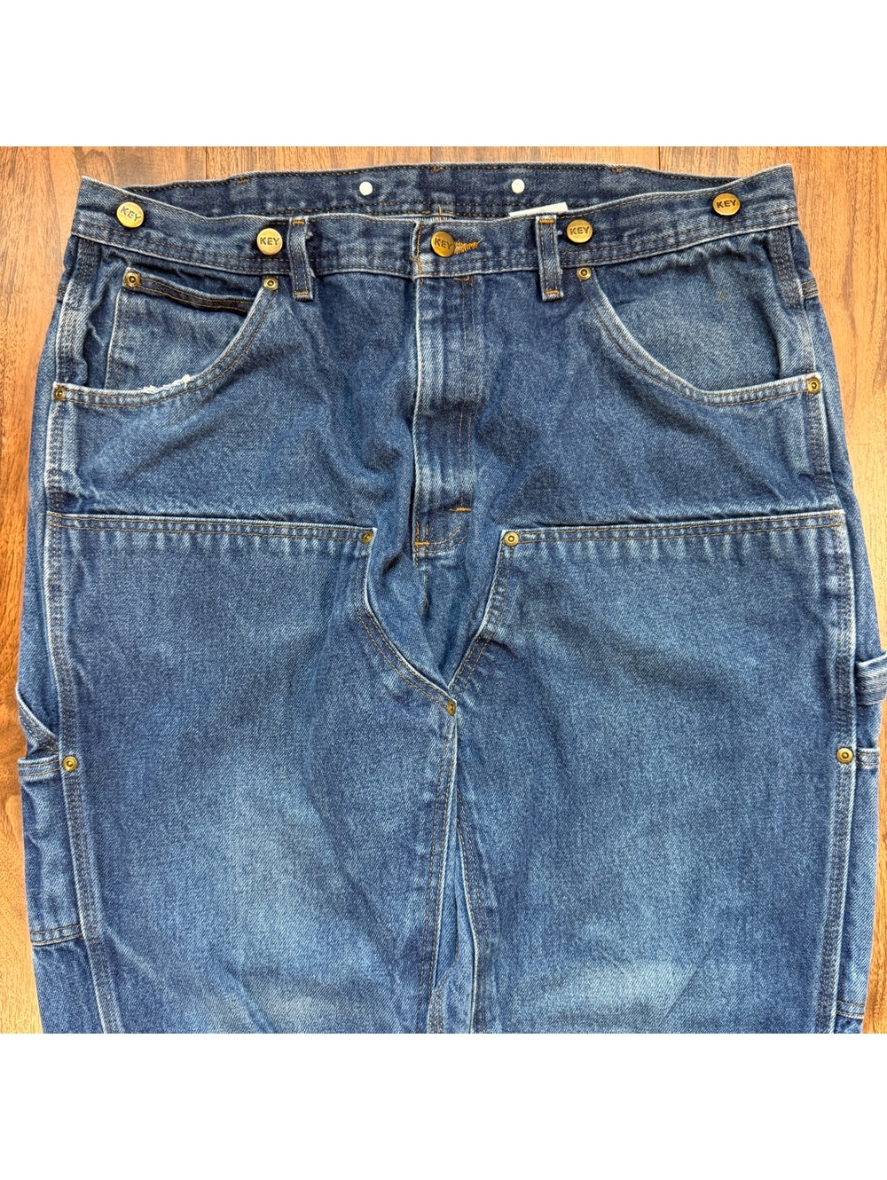 Vintage KEY Double Knee Carpenter Jeans Suspender Buttons 38x34 Workwear Denim